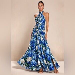 Sonya Moda Nawal Stretch Silk Blue Floral Halter Maxi Dress - size S NWT